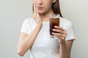 Health asian young woman touching her mouth, expression, suffering from toothache, decay or...