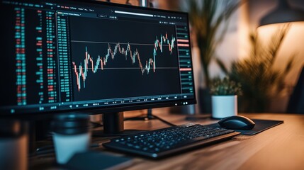 A digital financial chart showing stock market fluctuations, displayed on a large monitor in an investment office