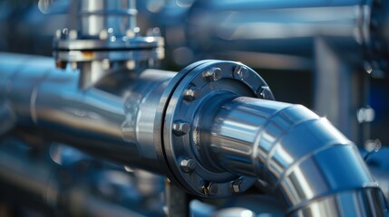 Fototapeta premium Steel pipelines and intricate valve system in an industrial zone, clear blue sky