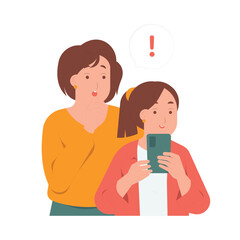 Parental control monitoring suspicious curious mother spying daughter messaging on smart phone concept illustration