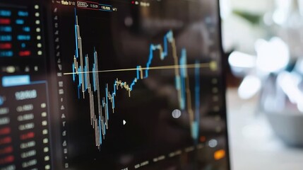 A digital financial chart showing stock market fluctuations, displayed on a large monitor in an investment office