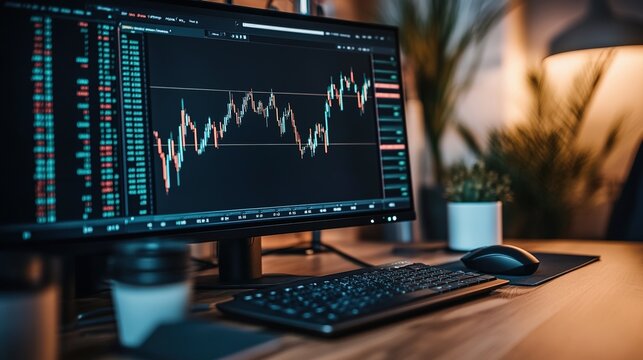 A digital financial chart showing stock market fluctuations, displayed on a large monitor in an investment office