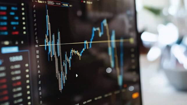 A digital financial chart showing stock market fluctuations, displayed on a large monitor in an investment office