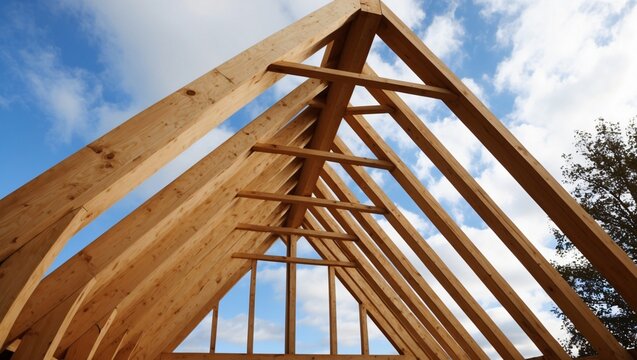 Intricate Close-Up of Wooden Roof Trusses, Showcasing Architectural Craftsmanship, Ideal for Construction Visuals, Home Design, and Rustic Aesthetics