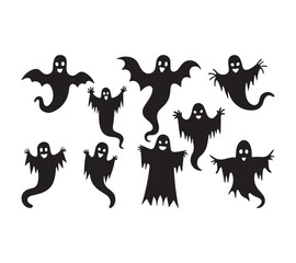 Halloween ghosts. Ghostly monster with Boo scary face. Spooky ghost flat vector icon set