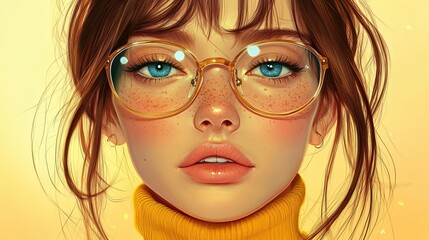 A beautiful girl with glasses, wearing a yellow turtleneck and blue eyes, illustrated in detailed digital art with an anime character style.