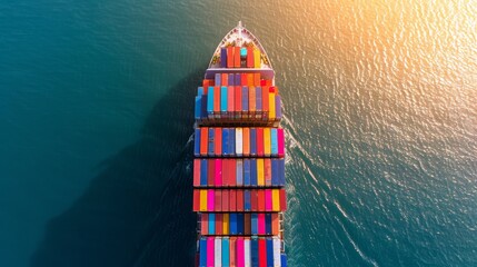 Top view of a cargo ship loaded with multicolored containers, sailing in the sea, calm waters, bright daylight, copy space