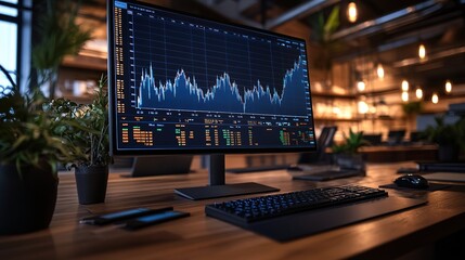 A digital financial chart showing stock market fluctuations, displayed on a large monitor in an investment office