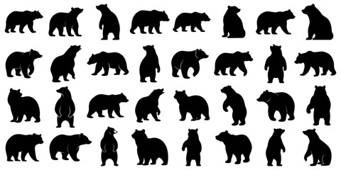 Bear silhouette, various poses of bear, standing, walking, sitting, wildlife, nature, animal, black, outline, wild, mammal