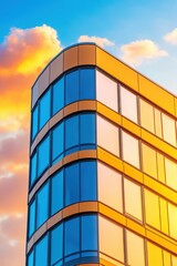Modern glass building reflecting sunset colors in the urban skyline