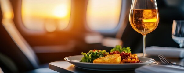 Savory meal served in a luxury setting, complemented by a glass of wine, with a stunning sunset view outside an airplane window.