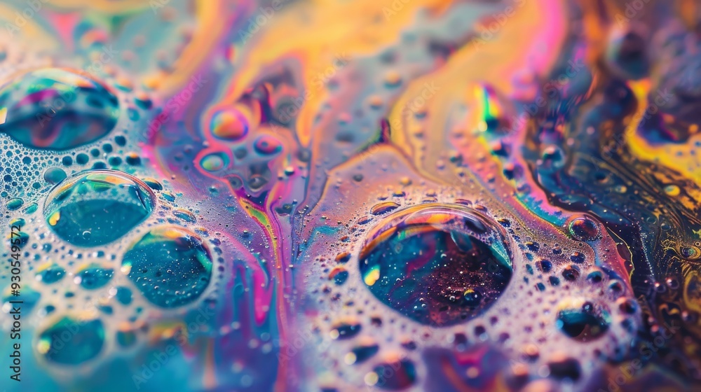 Poster vibrant soap bubble effects merging with abstract paint textures