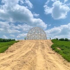 Obraz premium Construction workers inspecting a large geometric structure under a bright sky