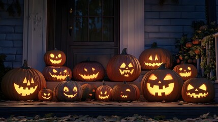 Fototapeta premium Carved Glowing Pumpkin Display A set of Jack o lanterns with creepy faces placed on a porch or in a garden with a clean background area for copy