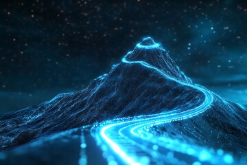 Abstract digital background featuring a glowing road leading to the top of a mountain, symbolizing progress, achievement, and the journey towards success