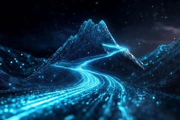 Abstract digital background featuring a glowing road leading to the top of a mountain, symbolizing progress, achievement, and the journey towards success