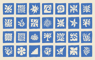 Vector logo and print design templates, summer palms, tropical hand drawn illustrations,  palm trees boho elements, grid patterns and prints with square elements for social media and posts, stationery © venimo