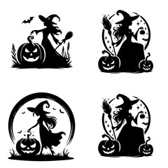 Silhouette Witch With Halloween Pumpkin icon silhouette.ai