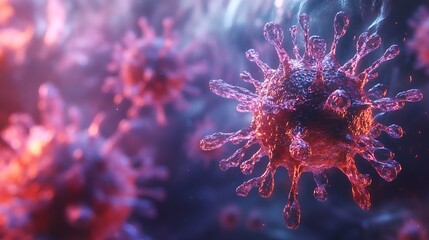 Detailed close-up of virus particles with vibrant colors, illustrating their complex structure, representing microbiology and infectious disease.