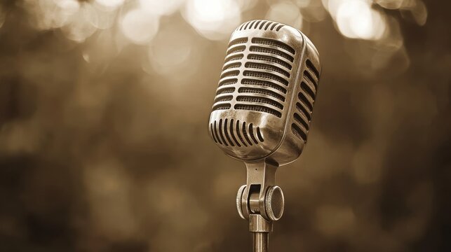 Vintage radio announcer stand retro microphone sepia tone