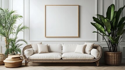 A bright and airy living room featuring a wicker sofa with white cushions, surrounded by large indoor plants and a blank framed artwork, creating a natural and serene atmosphere.