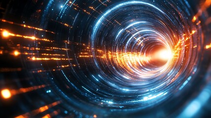 Obraz premium A dynamic abstract image featuring a tunnel of glowing blue and orange particles, creating a sense of motion and futuristic energy.