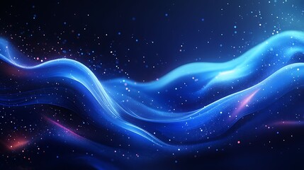 Fototapeta premium Abstract image of flowing blue waves with sparkling light particles against a dark background, evoking a sense of motion and cosmic energy.
