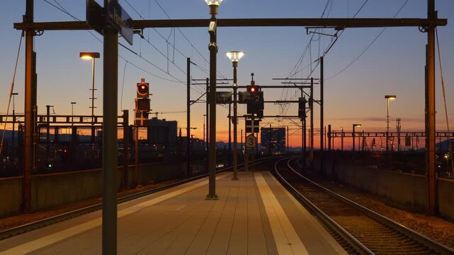 sunset sky evening time illumination zurich city train station platform panorama 4k switzerland 
