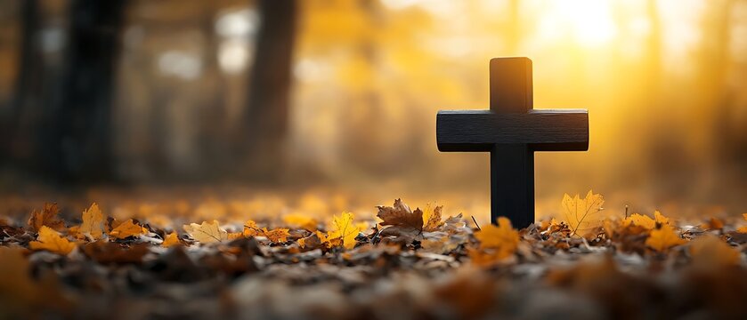 Black wooden cross on the ground in an autumn cemetery, fallen leaves, blurred tombstones in the background.