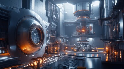 Advanced technology in a fusion energy facility highlights innovative structures and machinery working towards sustainable power generation