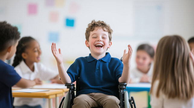 A joyful disabled boy in a wheelchair surrounded by classmates in an inclusive primary school classroom. The image showcases the values of diversity, equality, and inclusion in edu