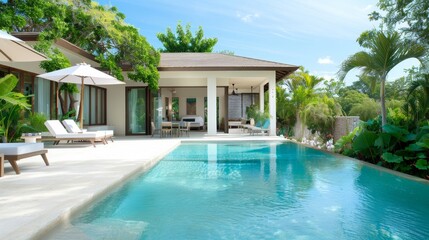 Fototapeta premium A large pool with a white umbrella and a few lounge chairs