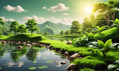 tropical landscape with trees and water