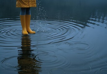 Person in Yellow Rubber Boots Splashing in Deep Blue Still Water.