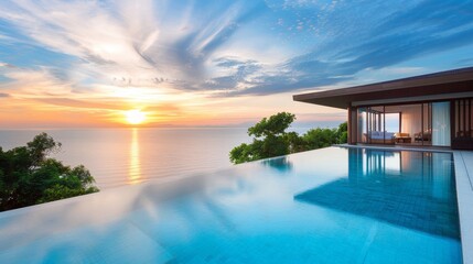 Fototapeta premium A beautiful ocean view with a large pool and a house in the background