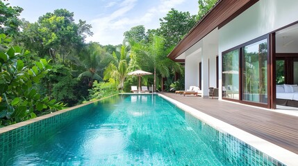 A lush green forest with a pool and a house in the middle