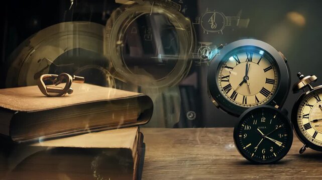 Close-up of vintage clocks displayed on open books in a cozy library setting