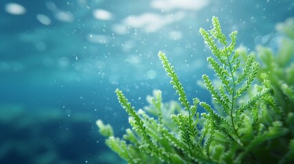 Fototapeta premium A green plant is floating in the water
