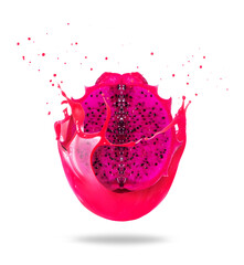 Sliced ​​dragon fruit in juice splashes isolated on a white background. Ripe pitahaya is...