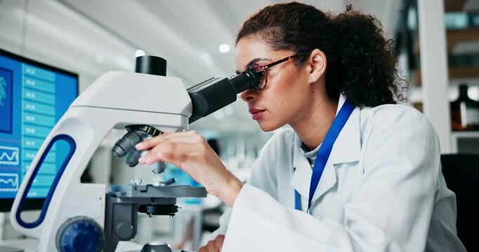 Woman, microscope and scientist in laboratory for research, drug experiment or innovation. Science, biotechnology and female doctor with medical equipment for chemical sample analysis or testing
