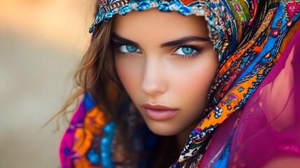 Obraz premium A stunning girl with oriental features poses gracefully outdoors, her vibrant scarf framing her face as sunlight enhances her striking blue eyes