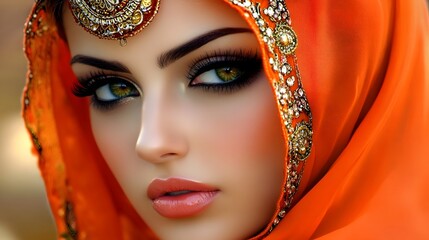 A stunning oriental girl with captivating green eyes and an elegant orange scarf enjoys the tranquility of her surroundings in soft daylight