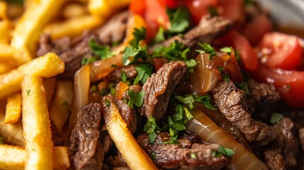 Peruvian cuisine. Close-up of Lomo Saltado, of the tender, juicy strips of beef stir-fried to perfection. 