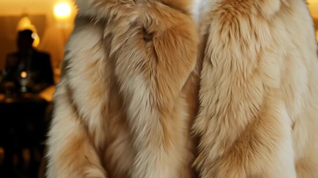 Elegant cream fur coat displayed at a fashion showcase in a luxury boutique