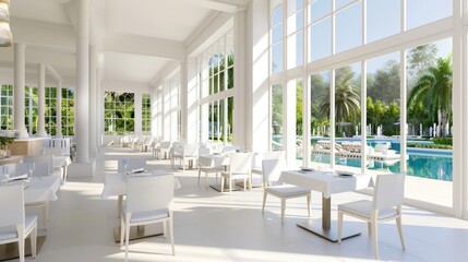 Fototapeta premium A long, white dining room with a view of the ocean
