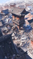 Fototapeta premium Dramatic Anime-Style Winter Catastrophe: Giant Hailstones Striking Rooftops in Hebei. Surreal Scene for 2025 Winter Season Marketing, UI Design, Web Banners, and 4K Wallpapers Depicting Natural Disast