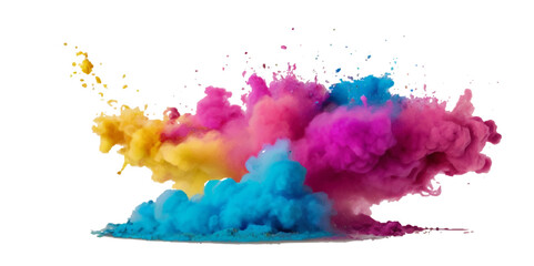 Multicolored rainbow explosion of cloud powder paint  decoration isolated on transparent background. Vector abstract colorful rainbow holi paint festival background.