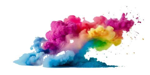 Multicolored rainbow explosion of cloud powder paint holi decoration isolated on transparent background. Vector abstract colorful rainbow holi paint festival background.