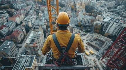 Fototapeta premium Construction Worker Looking Over Cityscape.