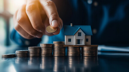 A pair of hands carefully balancing a house model and a stack of coins, symbolizing the careful consideration in real estate investments